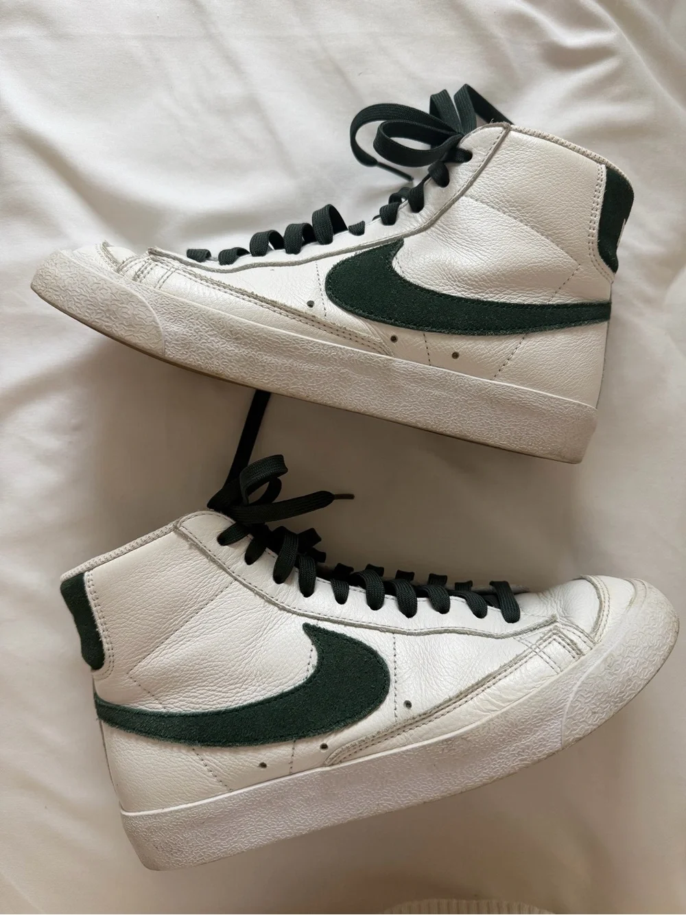 White Nike Blazers with Dark Green Swoosh